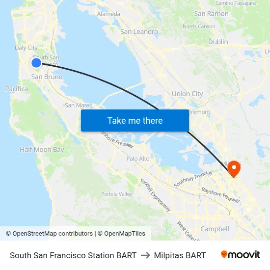 South San Francisco Station BART to Milpitas BART map