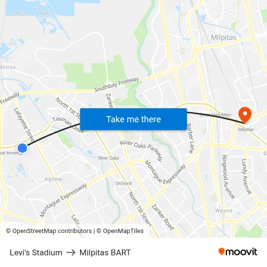 Levi's Stadium to Milpitas BART map