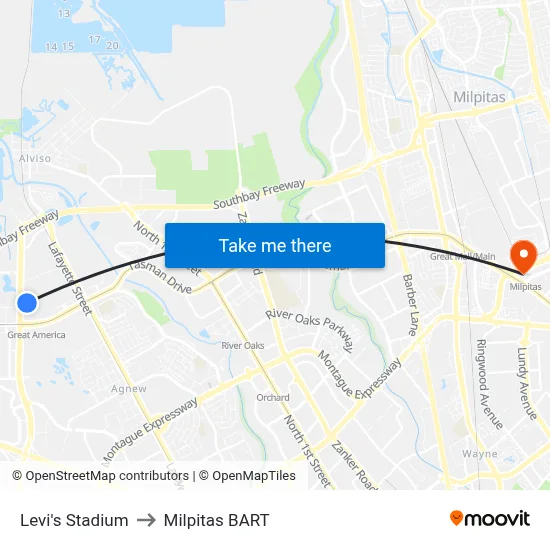 Levi's Stadium to Milpitas BART map