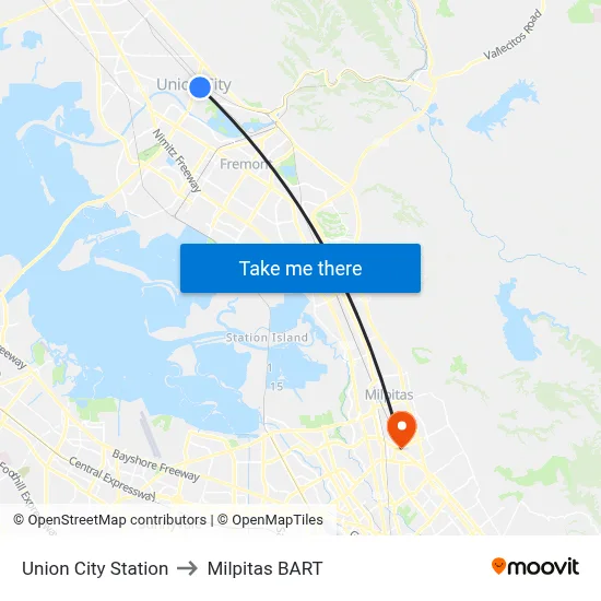 Union City Station to Milpitas BART map