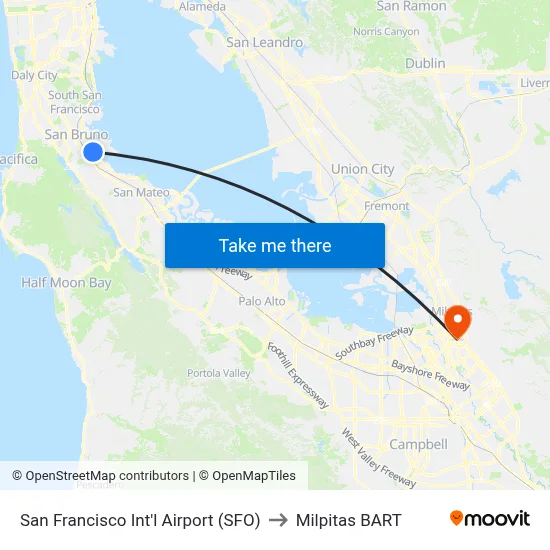 San Francisco Int'l Airport (SFO) to Milpitas BART map