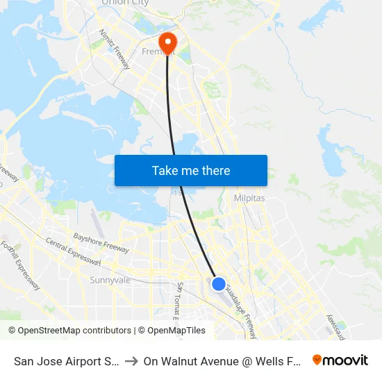 San Jose Airport SJC to On Walnut Avenue @ Wells Fargo map