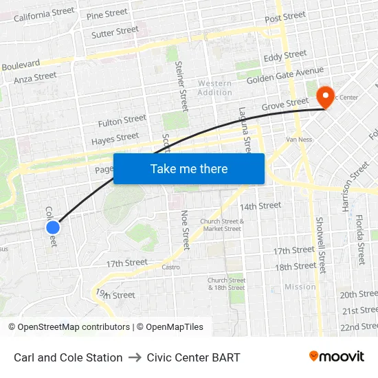 Carl and Cole Station to Civic Center BART map