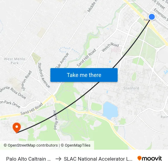 Palo Alto Caltrain Station to SLAC National Accelerator Laboratory map