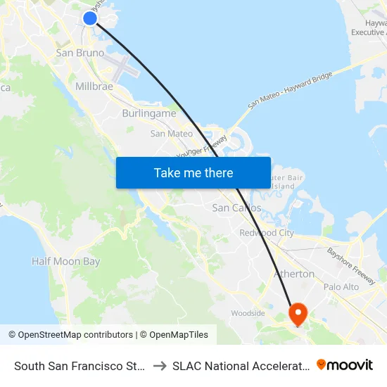 South San Francisco Station Caltrain to SLAC National Accelerator Laboratory map