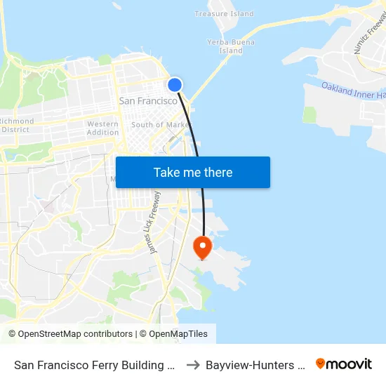 San Francisco Ferry Building Station to Bayview-Hunters Point map