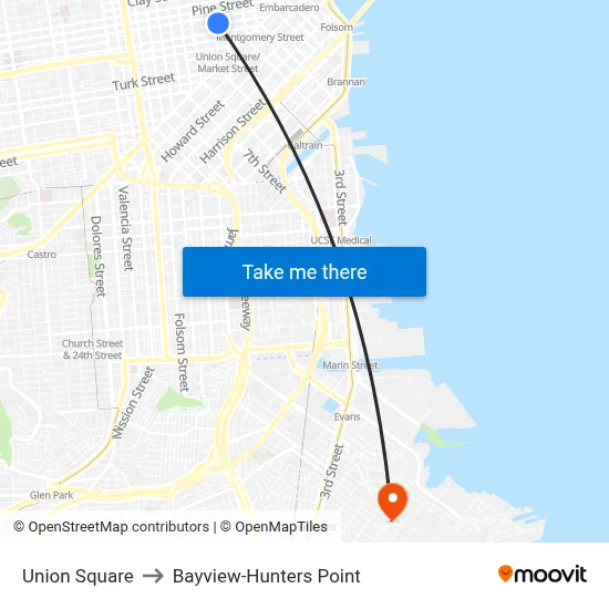 Union Square to Bayview-Hunters Point map