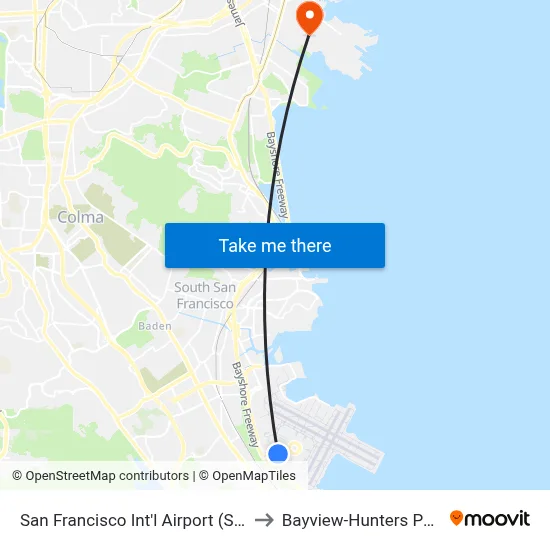 San Francisco Int'l Airport (SFO) to Bayview-Hunters Point map