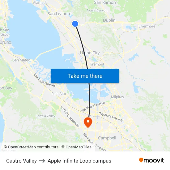 Castro Valley to Apple Infinite Loop campus map