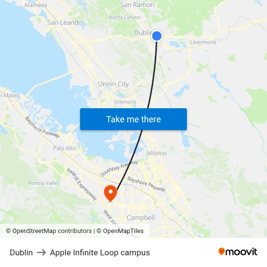 Dublin to Apple Infinite Loop campus map