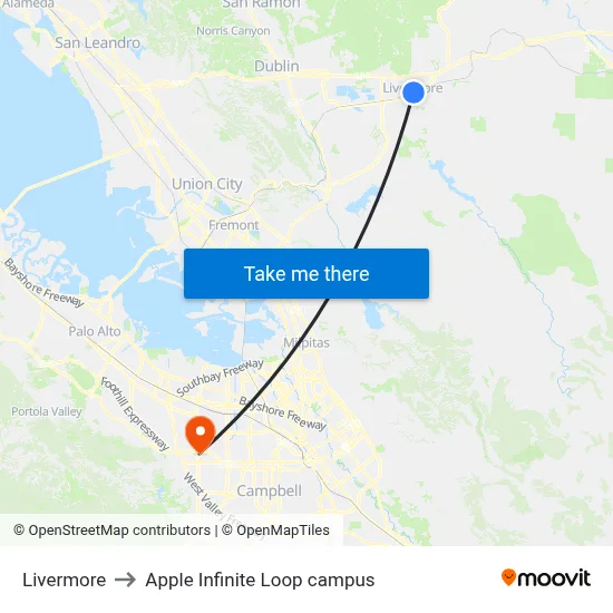 Livermore to Apple Infinite Loop campus map
