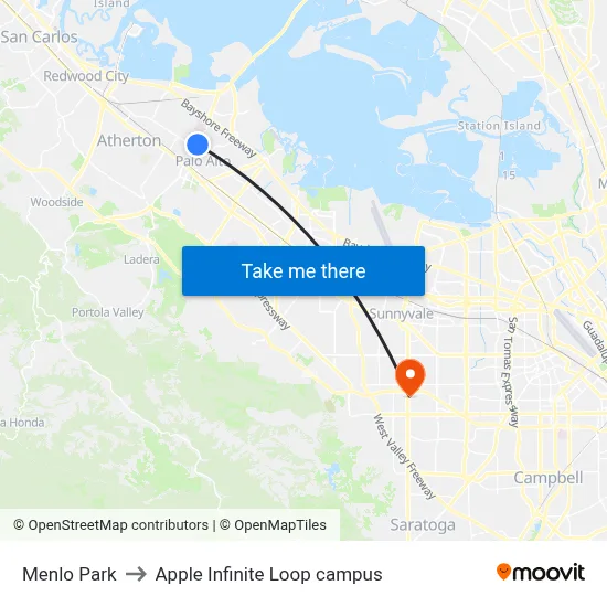 Menlo Park to Apple Infinite Loop campus map