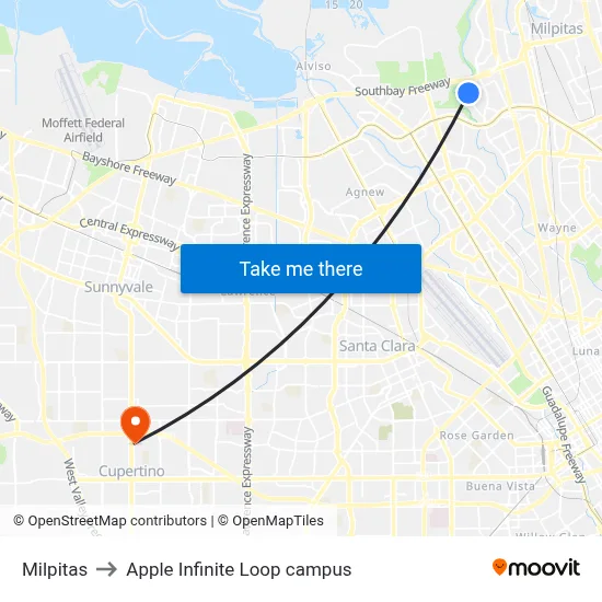 Milpitas to Apple Infinite Loop campus map