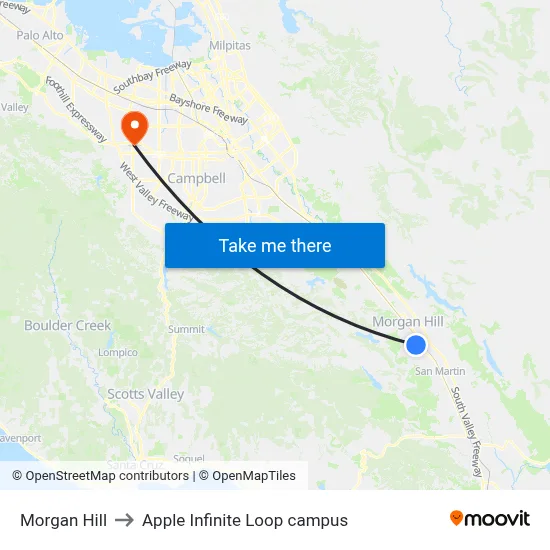 Morgan Hill to Apple Infinite Loop campus map