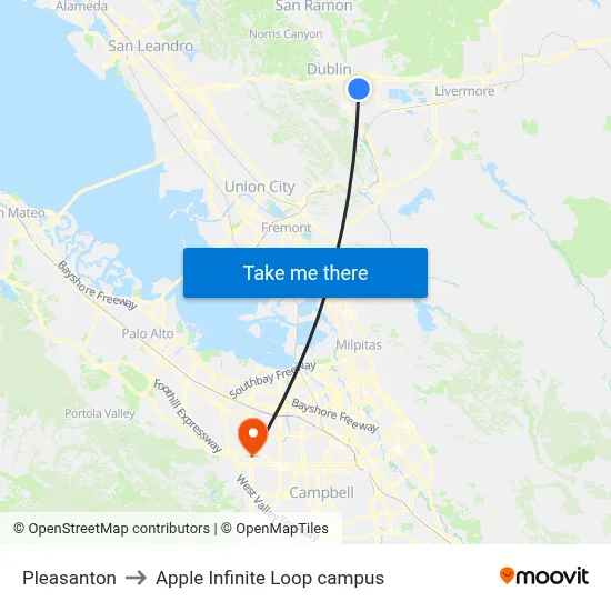 Pleasanton to Apple Infinite Loop campus map