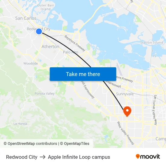 Redwood City to Apple Infinite Loop campus map