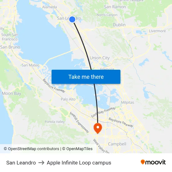 San Leandro to Apple Infinite Loop campus map