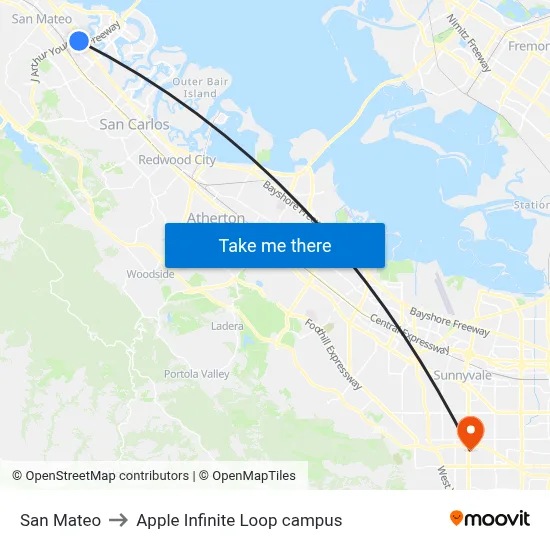 San Mateo to Apple Infinite Loop campus map