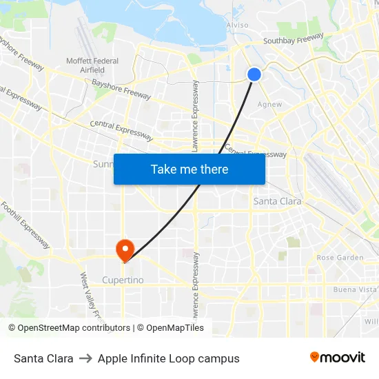 Santa Clara to Apple Infinite Loop campus map