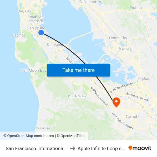 San Francisco International Airport to Apple Infinite Loop campus map