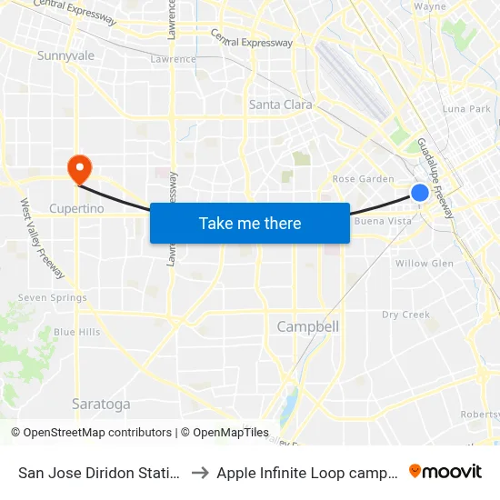 San Jose Diridon Station to Apple Infinite Loop campus map