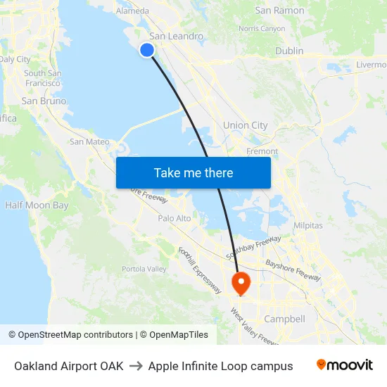 Oakland Airport OAK to Apple Infinite Loop campus map
