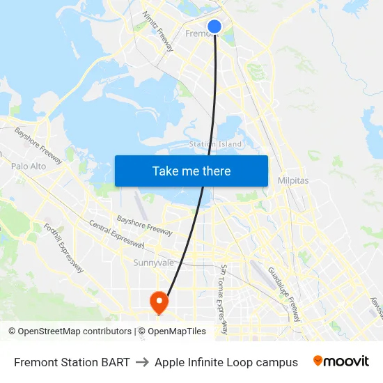 Fremont Station BART to Apple Infinite Loop campus map