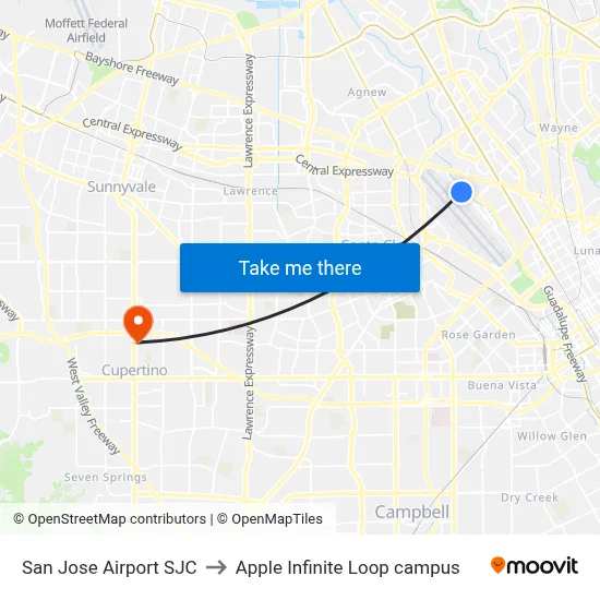 San Jose Airport SJC to Apple Infinite Loop campus map
