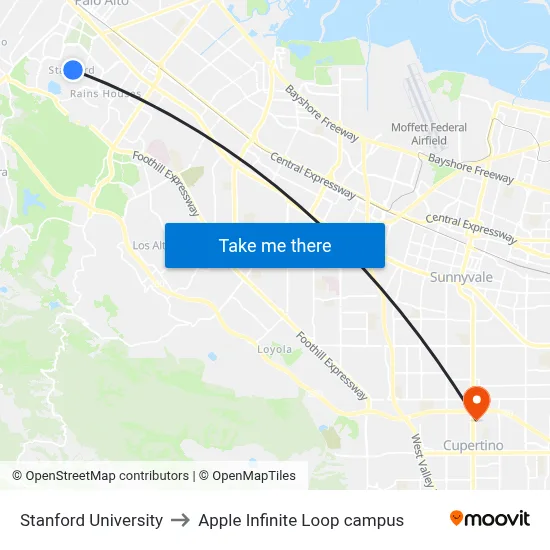 Stanford University to Apple Infinite Loop campus map
