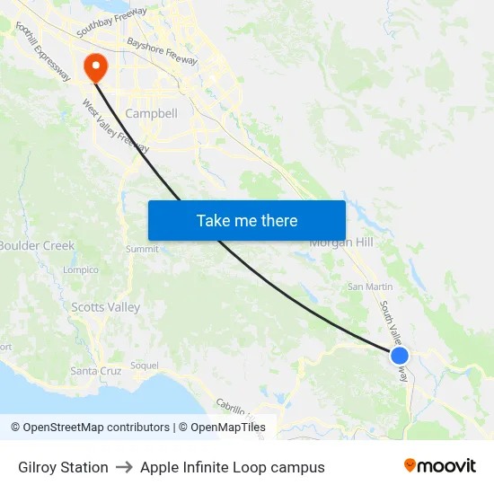 Gilroy Station to Apple Infinite Loop campus map