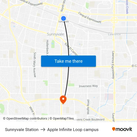 Sunnyvale Station to Apple Infinite Loop campus map