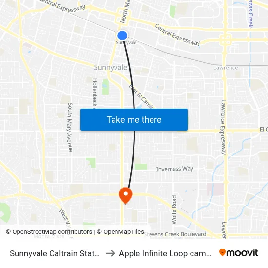 Sunnyvale Caltrain Station to Apple Infinite Loop campus map