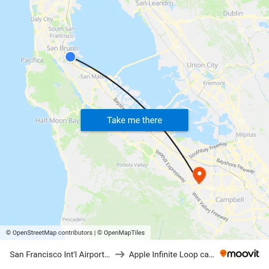 San Francisco Int'l Airport (SFO) to Apple Infinite Loop campus map