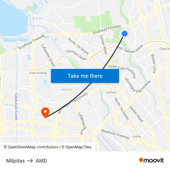 Milpitas to AMD map