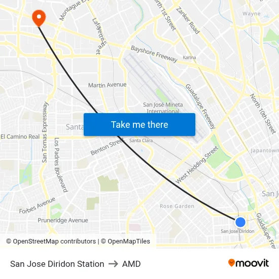 San Jose Diridon Station to AMD map