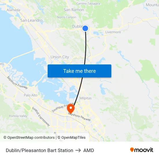 Dublin/Pleasanton Bart Station to AMD map