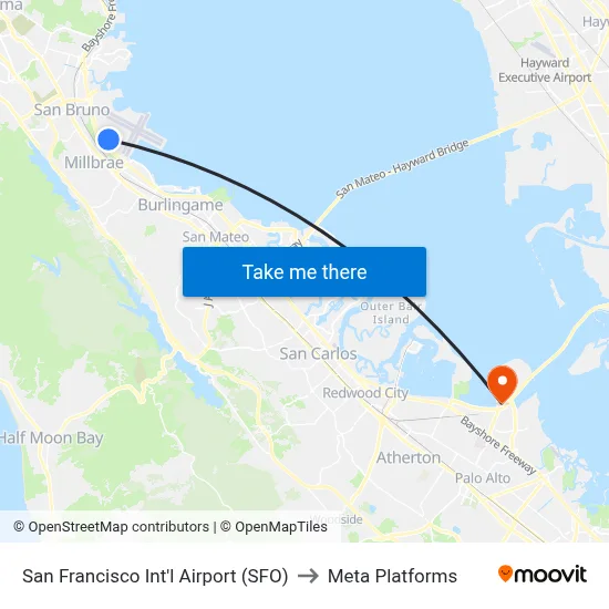 San Francisco Int'l Airport (SFO) to Meta Platforms map