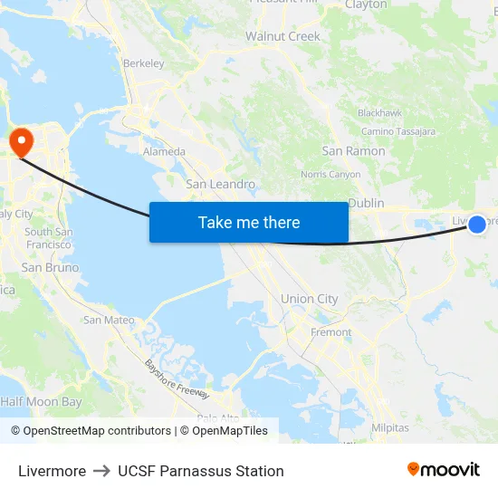 Livermore to UCSF Parnassus Station map