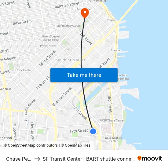 Chase Peter to SF Transit Center - BART shuttle connection map