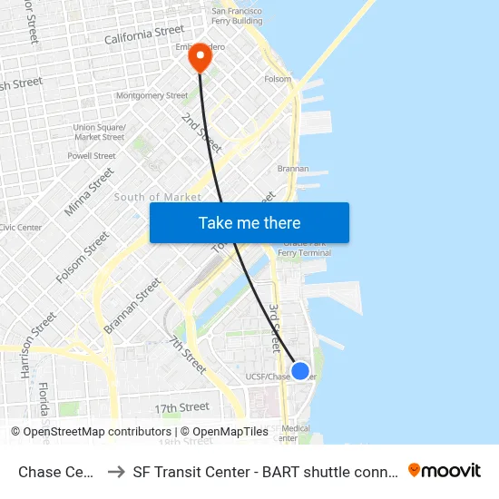 Chase Center to SF Transit Center - BART shuttle connection map