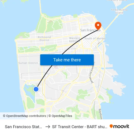 San Francisco State University to SF Transit Center - BART shuttle connection map