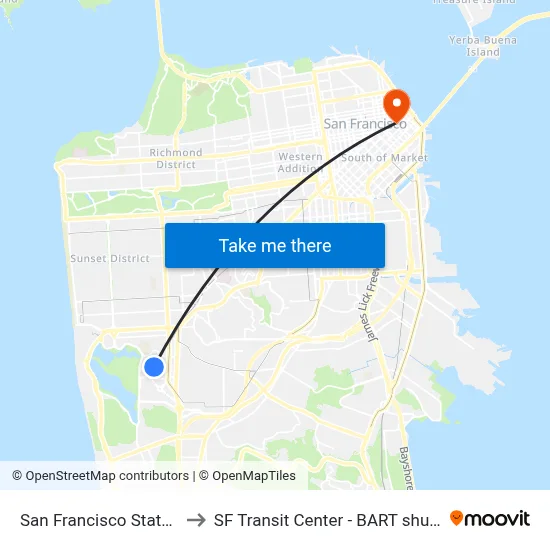 San Francisco State University to SF Transit Center - BART shuttle connection map