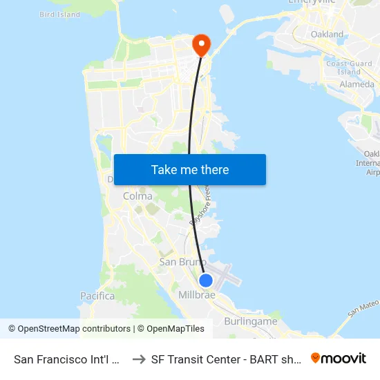 San Francisco Int'l Airport (SFO) to SF Transit Center - BART shuttle connection map
