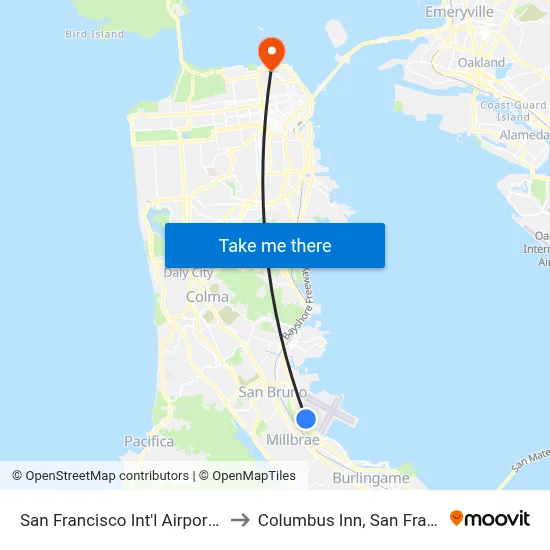 San Francisco Int'l Airport (SFO) to Columbus Inn, San Francisco map