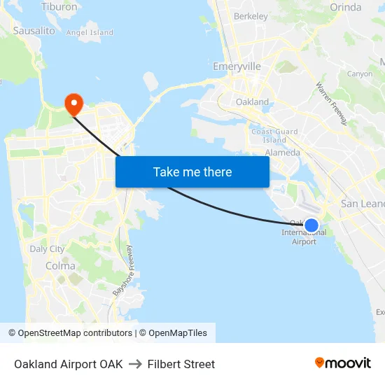 Oakland Airport OAK to Filbert Street map