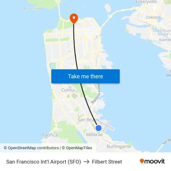 San Francisco Int'l Airport (SFO) to Filbert Street map
