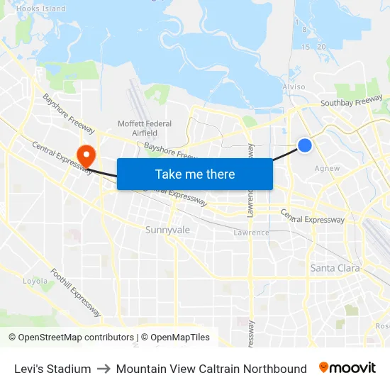 Levi's Stadium to Mountain View Caltrain Northbound map
