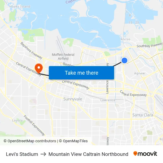 Levi's Stadium to Mountain View Caltrain Northbound map