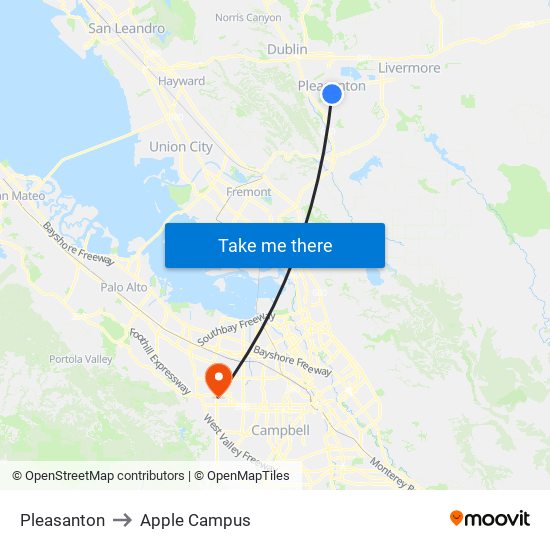 Pleasanton to Apple Campus map