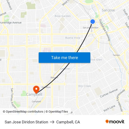 San Jose Diridon Station to Campbell, CA map